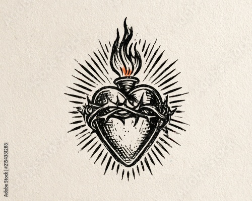 Sacred heart of jesus, religious symbol, vintage woodcut style illustration with crown of thorns and flames