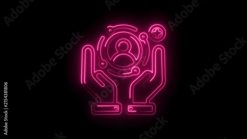Neon pink glowing human icon with plus sign and circuit lines held by hands on black background