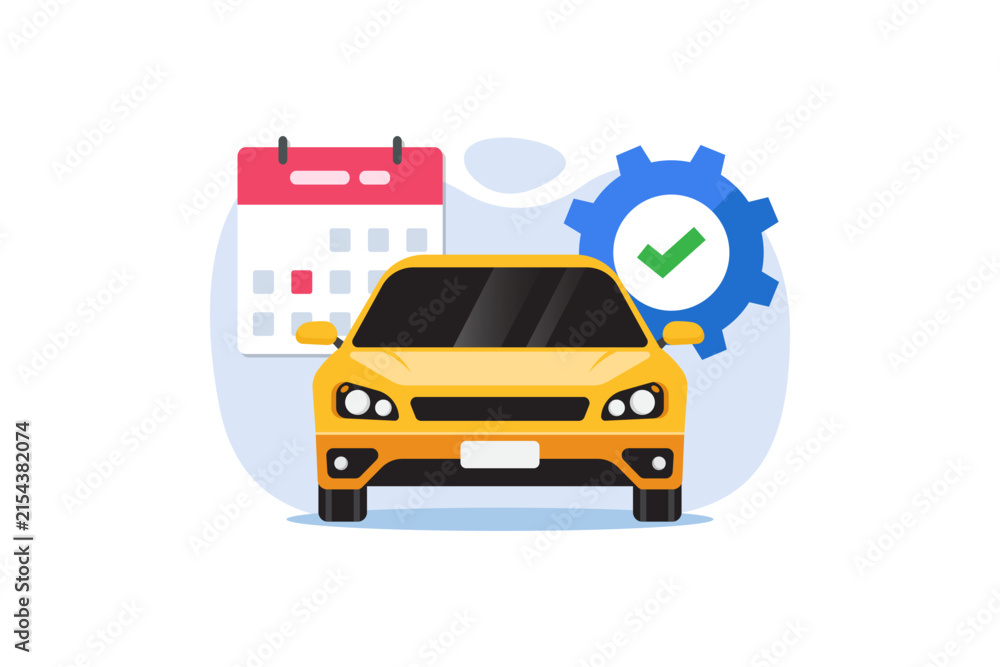 Fototapeta premium vector illustration of a yellow car in front of a calendar and gear checkmark, symbolizing scheduled vehicle maintenance, service appointment, inspection reminder and reliable auto care planning.