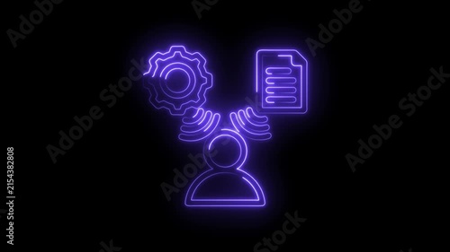 Neon glowing human figure connected to gear and document icons symbolizing data processing