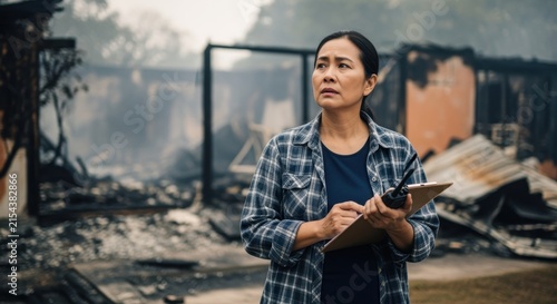 Observer assessing damage to a residential building consumed by fire
