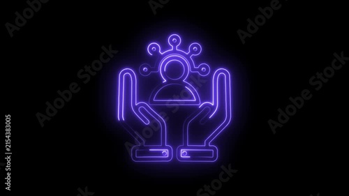 Neon glowing icon of hands holding a person symbol with connections representing community