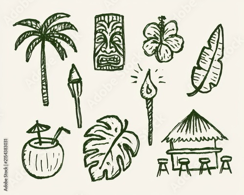 Tropical summer vacation icons set, hand drawn sketch style featuring palm tree, tiki mask, hibiscus flower, and tiki bar