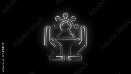 Glowing neon outline icon of hands protecting a stylized person surrounded by interconnected