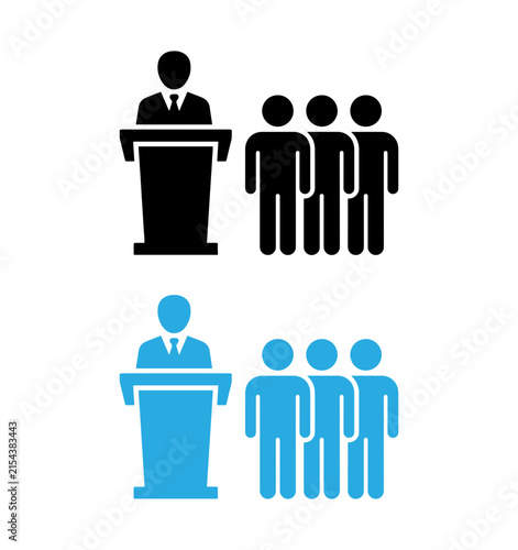 Speaker at podium with audience vector icons in black and blue, representing public speaking, conference, and business.