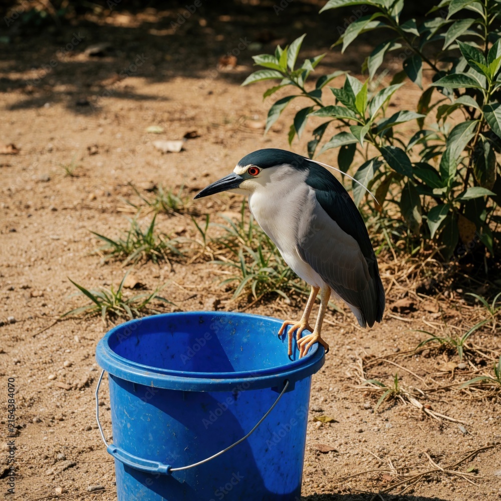Naklejka premium Black crowned night heron perches on a blue bucket. Bird has red eyes, dark cap, white neck. Greenery and dirt ground fill background. Wildlife photo.