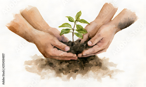 Two hands burying a tree seedling into the earth, watercolor illustration, supporting environmental causes