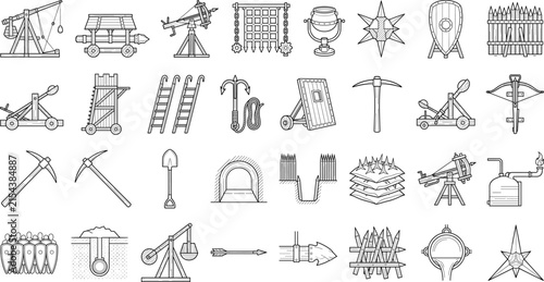 Photography Medieval siege weapons and warfare equipment vector line art icons including tre