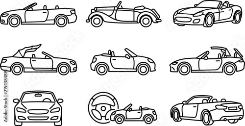 Convertible Car and Cabriolet Vehicle Icon Set Featuring Open Top Sports Cars, Vintage Roadsters, Soft Top Roof Mechanisms, and Steering Wheel Outline Graphic Symbols