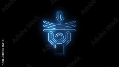 Neon blue abstract human figure holding up a bending bar under downward pressure arrow... icon