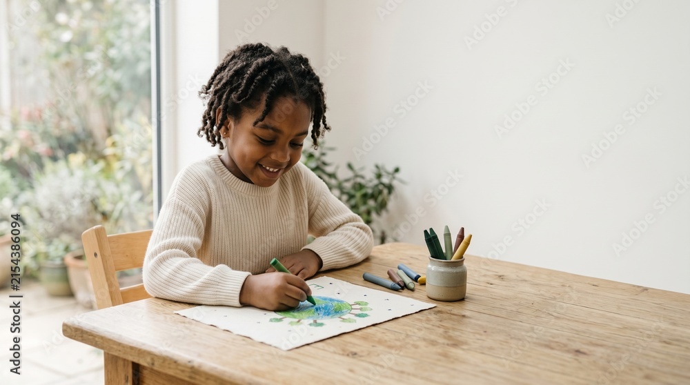 Naklejka premium Young black girl drawing Earth Day theme with crayons at a table 