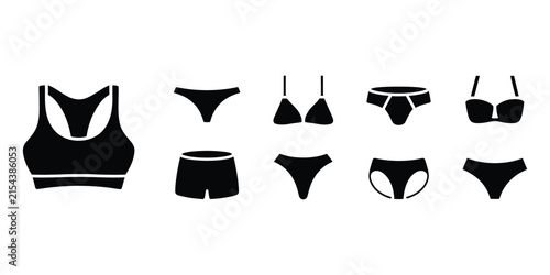 Фотография swimwear silhouette icons, bikini sports bra underwear and beachwear fashion symbols, women's clothing illustration for summer apparel, retail branding, fashion catalogs, and product design