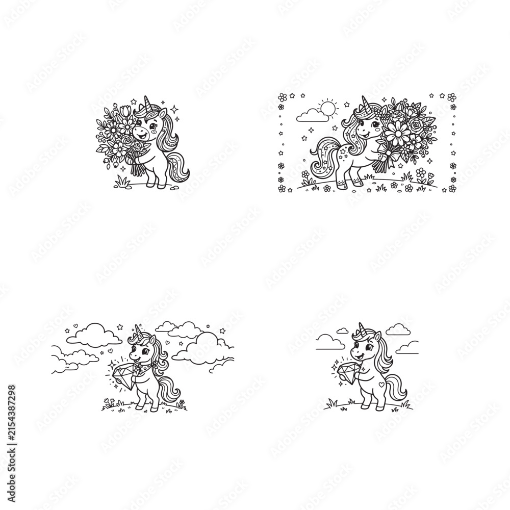 Fototapeta premium Set of cute unicorn coloring pages with flowers and diamonds for children