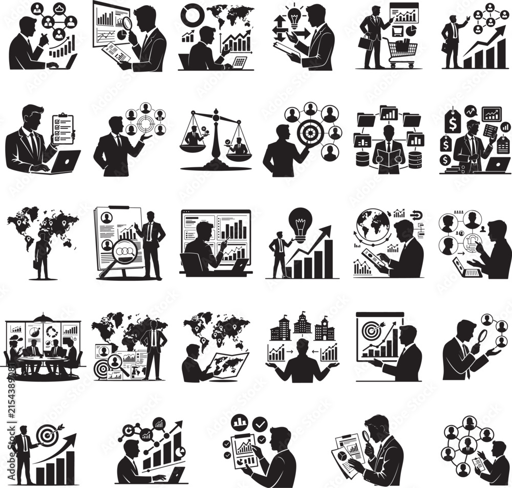 Fototapeta premium Market research related full black silhouette design isolated with white background