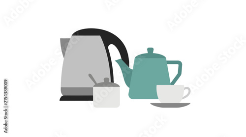 Kitchenware Set: Kettle, Teapot, Cup, and Sugar Bowl