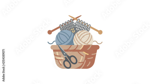 Knitting supplies basket with yarn balls and scissors illustration