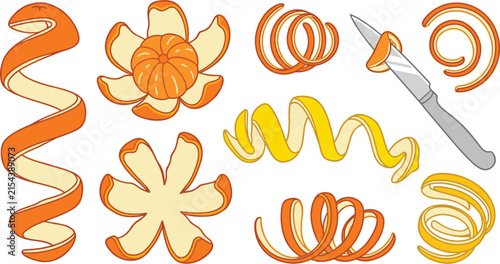 Orange and Lemon Citrus Peel Vector Set with Spiral Zest Twists, Curved Ribbons, Carving Knife, and Star Shaped Fruit Peeling Elements
