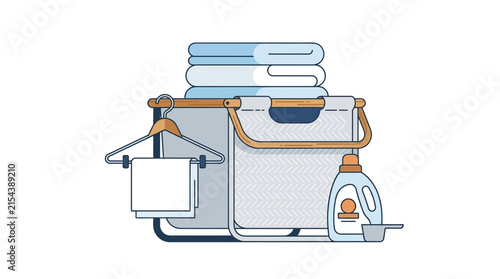 Laundry Basket with Clothes and Detergent Flat Vector Illustration