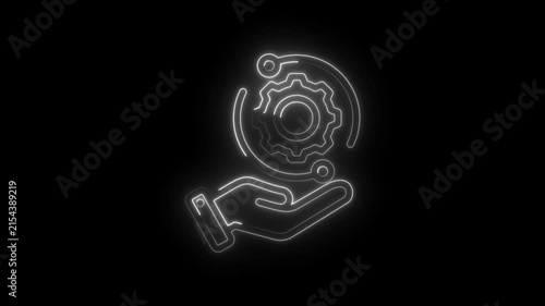 Glowing neon outline of a hand holding a gear mechanism with circuit lines representing... icon