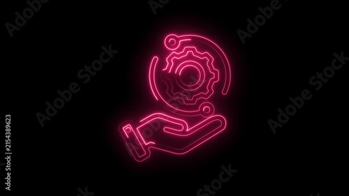 Neon hand holding gear icon symbolizing technology innovation and engineering solutions digital