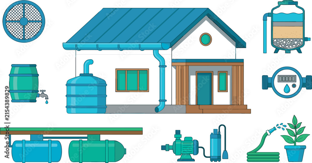 Obraz premium Water system Illustration Featuring House Tanks Pipes And Filtration Components home building