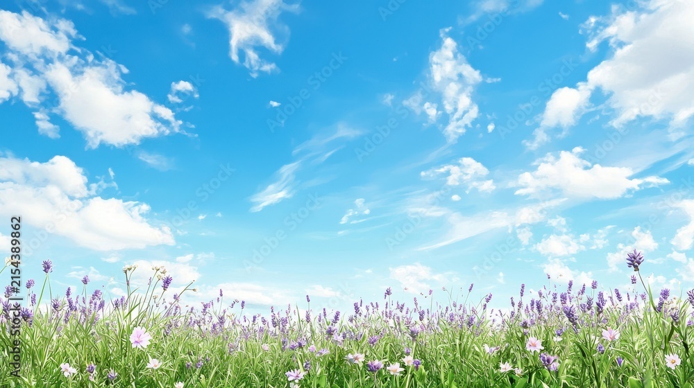 Naklejka premium Vibrant field of lavender flowers under bright blue sky with fluffy white clouds creates serene and peaceful atmosphere
