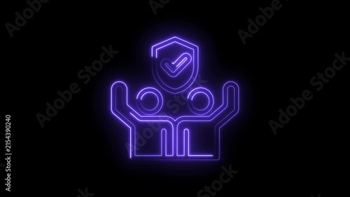 Purple neon abstract geometric shapes forming a shield over two figures with hands raised... icon