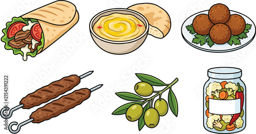 Принти на полотні Traditional Arabic Cuisine Vector Set with Doner Shawarma Wrap Creamy Hummus Fla