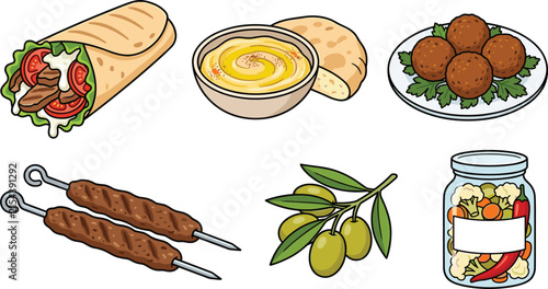 Traditional Middle Eastern Cuisine Vector Set with Shawarma Wrap Hummus Pita Bread Falafel Shish Kebab Meat Skewers Green Olives and Pickled Vegetables