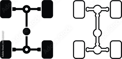 Vehicle chassis axle system icons, automotive drivetrain mechanical wheel suspension diagram isolated on white background