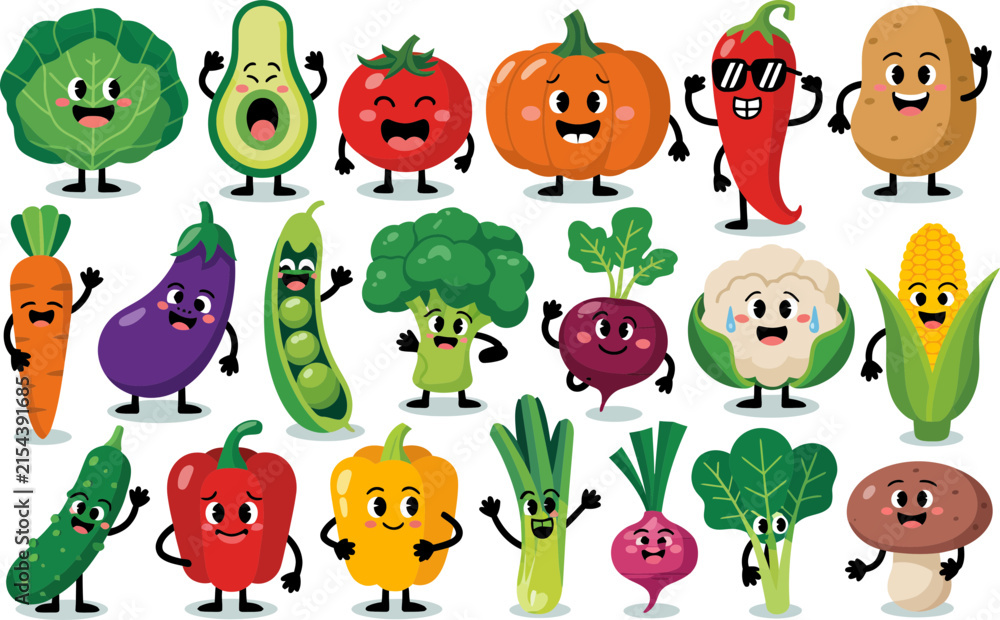 Obraz premium Cute Cartoon Vegetables and Healthy Food Characters Collection