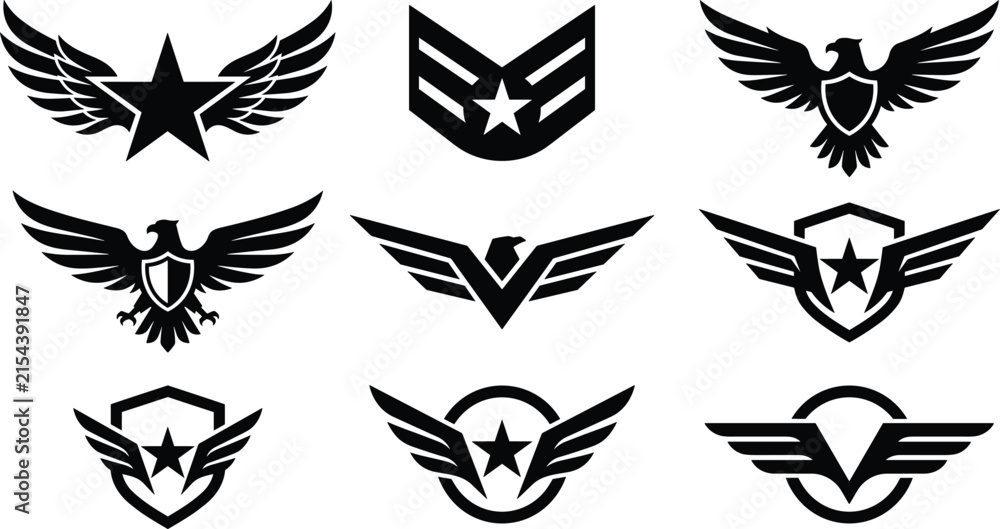Fototapeta premium Military Wing and Eagle Emblem Silhouette Icon Set with Star Shield Chevron and Aviation Badge Symbols for Security Guard tactical Corporate Branding Logos