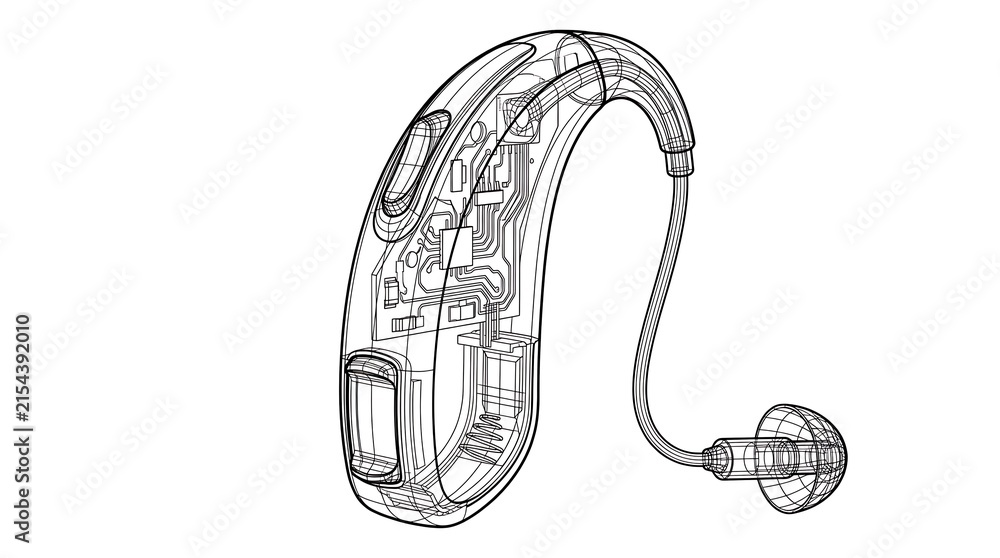 Fototapeta premium Hearing Aid Wireframe Illustration Showing Internal Electronic Components and Digital Design