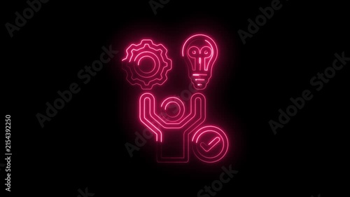Neon pink glowing icons for success idea innovation and achievement on black background