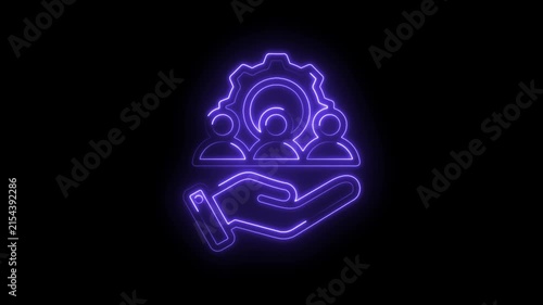 Neon glow hand holding team icon with gear symbol representing collaboration teamwork and
