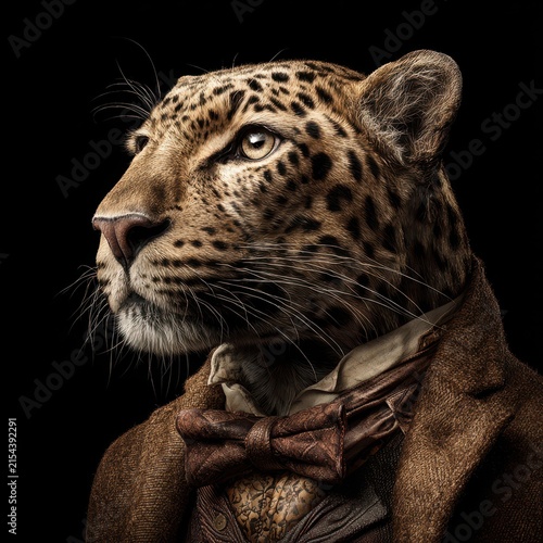 Elegant Leopard with Vintage Suit and Bow Tie Portrait in Dark Studio Lighting