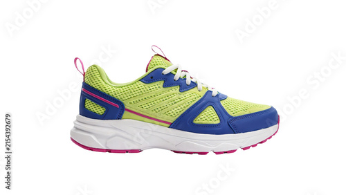 Vibrant lime green and blue athletic running shoe featuring breathable mesh fabric with white laces and a durable rubber sole isolated on transparent background
