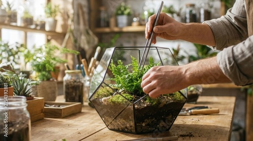 Hands of a Gardener Crafting a Lush Terrarium Ecosystem in a Sunlit Greenhouse Workshop