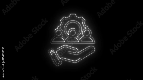Neon glowing icon representing teamwork and support with a hand holding a group of people and a