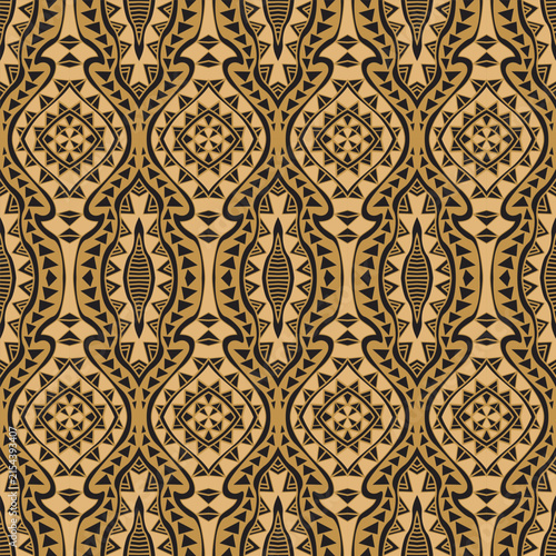 Vector gold and black seamless pattern from hand drawn geometrical tribal ornaments, wavy stripes