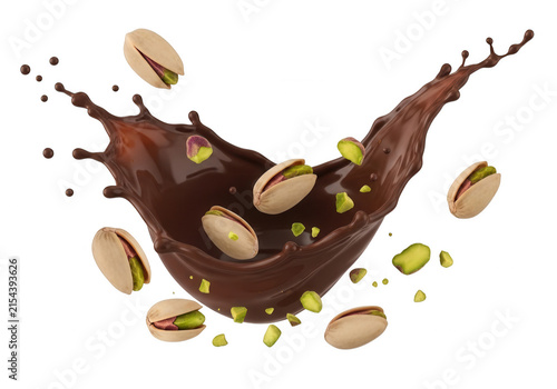 Pistachio nuts falling into a rich chocolate splash isolated on transparent background for snack food advertising