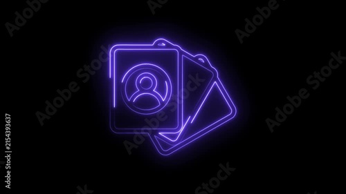 Neon profile icon on cards glowing purple abstract background digital art user identity concept