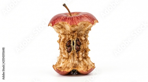 discarded fruit leftover browned fruit oxidized produce seeds stem brown residue remnants food waste snack leftovers consumed fruit browned interior fruit remnants organic waste