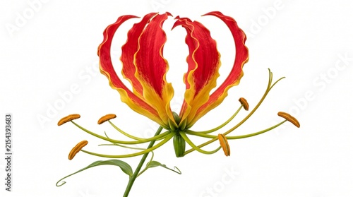 gloriosa superba tropical flower blossom petal stamen anther stem leaf vivid crimson scarlet amber gold golden orange bicolor gradient curled wavy reflexed exotic rare botanical