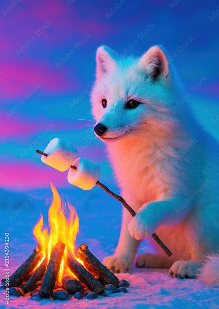 Naklejka premium Arctic fox roasting marshmallows campfire