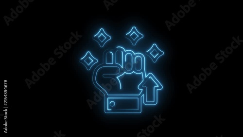 Glowing blue neon fist icon with upward arrow and sparkling stars symbolizing success achievement