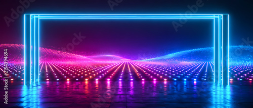 Vibrant abstract digital stage framed by glowing blue neon rectangles, with pink and blue dotted light waves converging toward a bright central horizon on a dark futuristic background