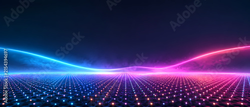 Vibrant abstract digital landscape with flowing blue and pink neon light waves meeting at a glowing horizon above a dotted grid, creating a futuristic luminous scene on a dark background