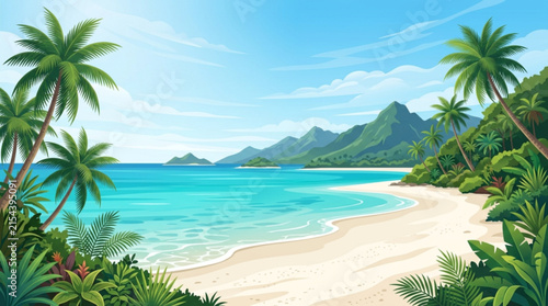 Tropical beach landscape vector, exotic island coast with palm trees and mountains, sunny summer vacation background