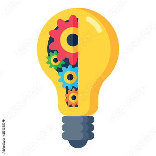 Bright yellow light bulb with colorful gears inside symbolizing innovation and creativity